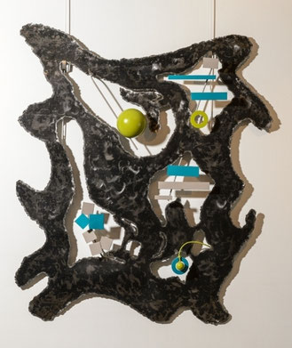 sculpture de mur en acier verni et peint vert et turquoise découpé à l'électrode